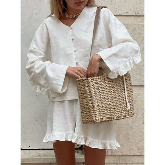 Commense Pants - Commense Pure Cotton Ruffle Decor Shorts Set off white size M